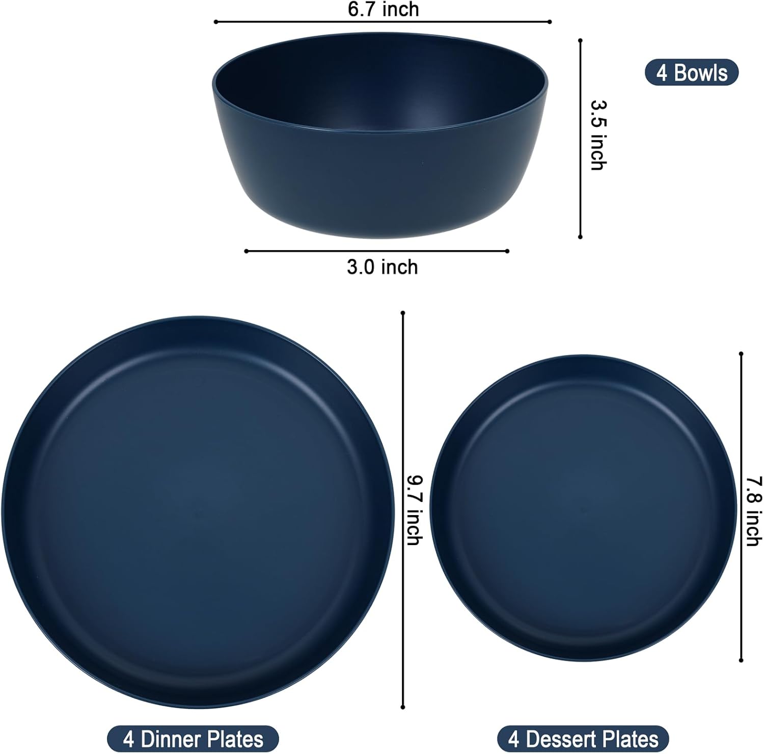 EI 12pcs Dark Blue Wheat Straw Dinnerware Set,Wheat Straw Plates,Plastic Plates Reusable,Plate and Bowls Sets,Unbreakable Plastic Plate for Dinner,Camping,Picnic,Soccer plates,world Cup 2026