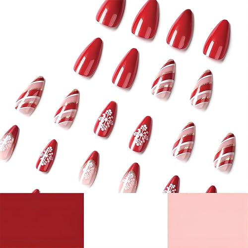 Miniatura 7 de Uñas postizas a presión de Navidad, punta francesa, almendra roja, uñas postizas con pegamento, uñas postizas acrílicas con purpurina y diseños de