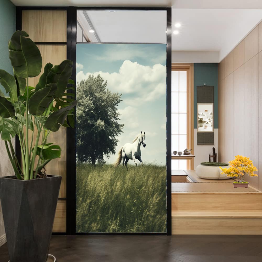 Abstraktes Pferd, Sichtschutzfolie für Fenster, Landfeld, Natur, Tier, Milchglas, Fensterfolie, dekorativ, statisch haftend, für Glas, für Zuhause, 80 x 140 cm