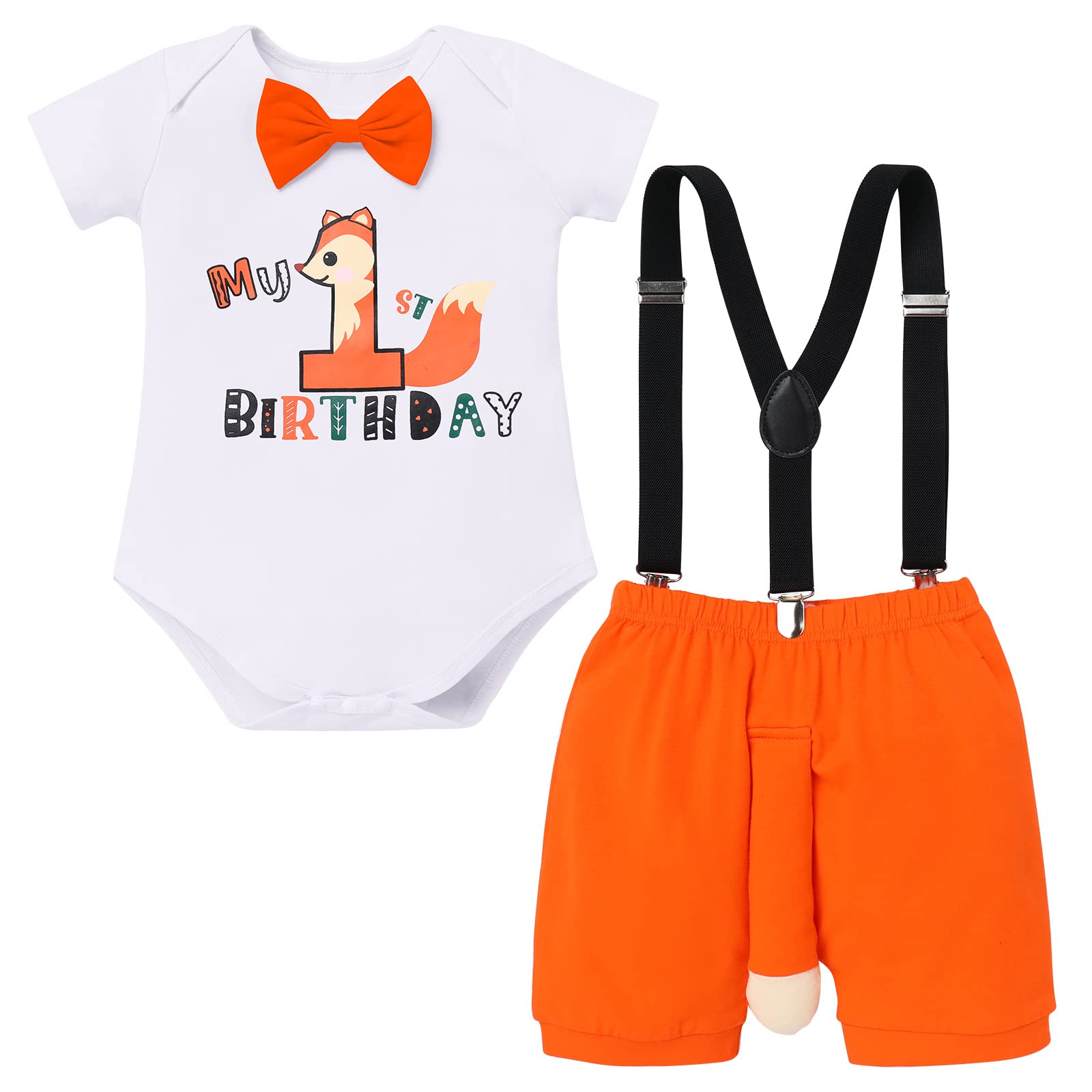 Baby Boy 1st Birthday Outfit Jungle Woodland Animal Theme Romper & Bloomers Shorts & Suspenders 3PCS Clothes Suit Photography