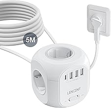 LENCENT 4-Way Socket Strip, Flat Plug, Socket Cube, 8-in-1 Power Strip, with 3 USB A and 1 USB C Port, 5-Metre Cable, for Wall Socket
