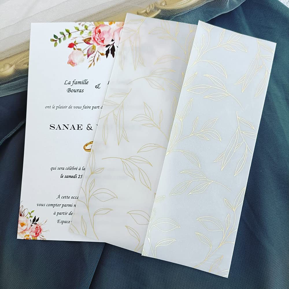 Papier welinowy do zaproszeń, 50 sztuk/partia Cherry Wedding Invitations Card Cover DIY SemiQuinceanera Invite JacketJackets(Gold Leaves)