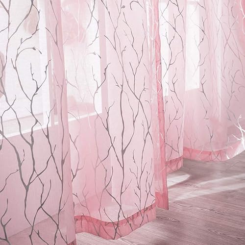 Miniatura 1 de Cortinas transparentes plateadas con impresión de ramas de árbol cortinas finas blancas para dormitorio 2 paneles de cortina de ventana
