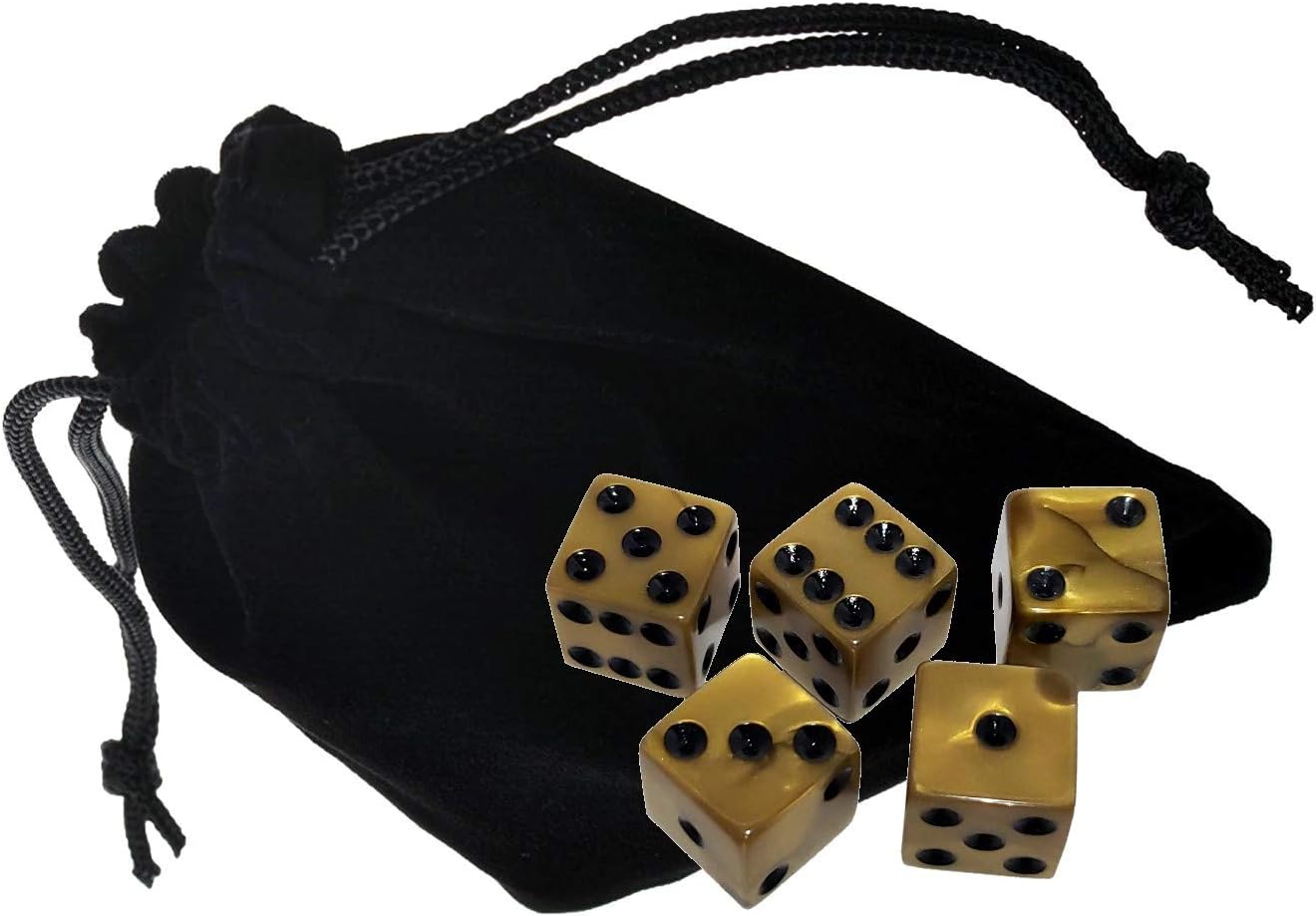 Cyber-Deals Set of (5) 16mm Dice Olympic Pearlized Square Cornered with Black Velvet Cloth Pouch Bag (Gold)