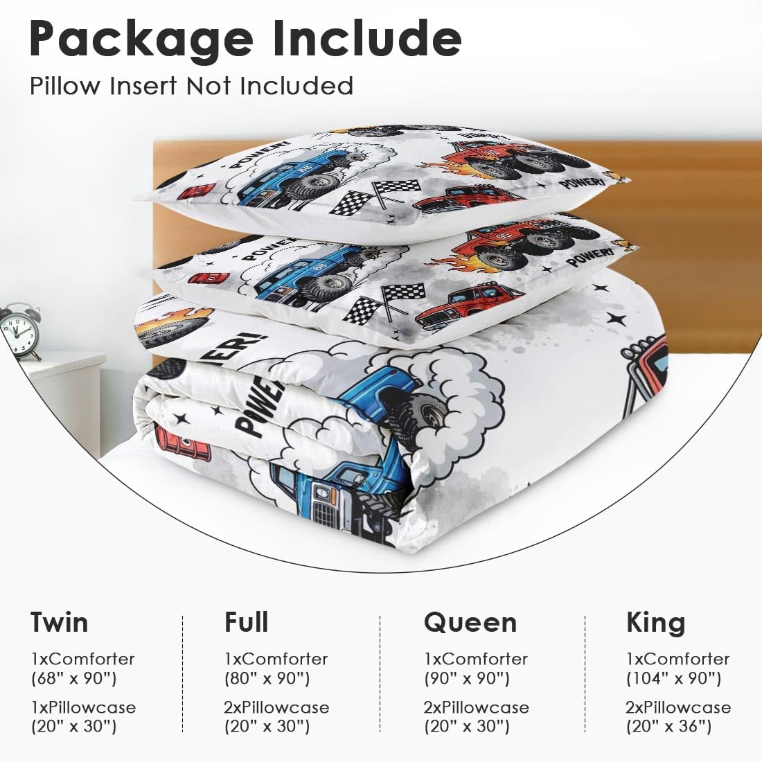 Trucks Car Race Comforter Set for Boys Kids Toddlers Teens Adults Twin, Cool Vehicle Wheel Bedding Sets Water Washed Microfiber Bedding with 1 Comforter 1 Pillowcase All Season