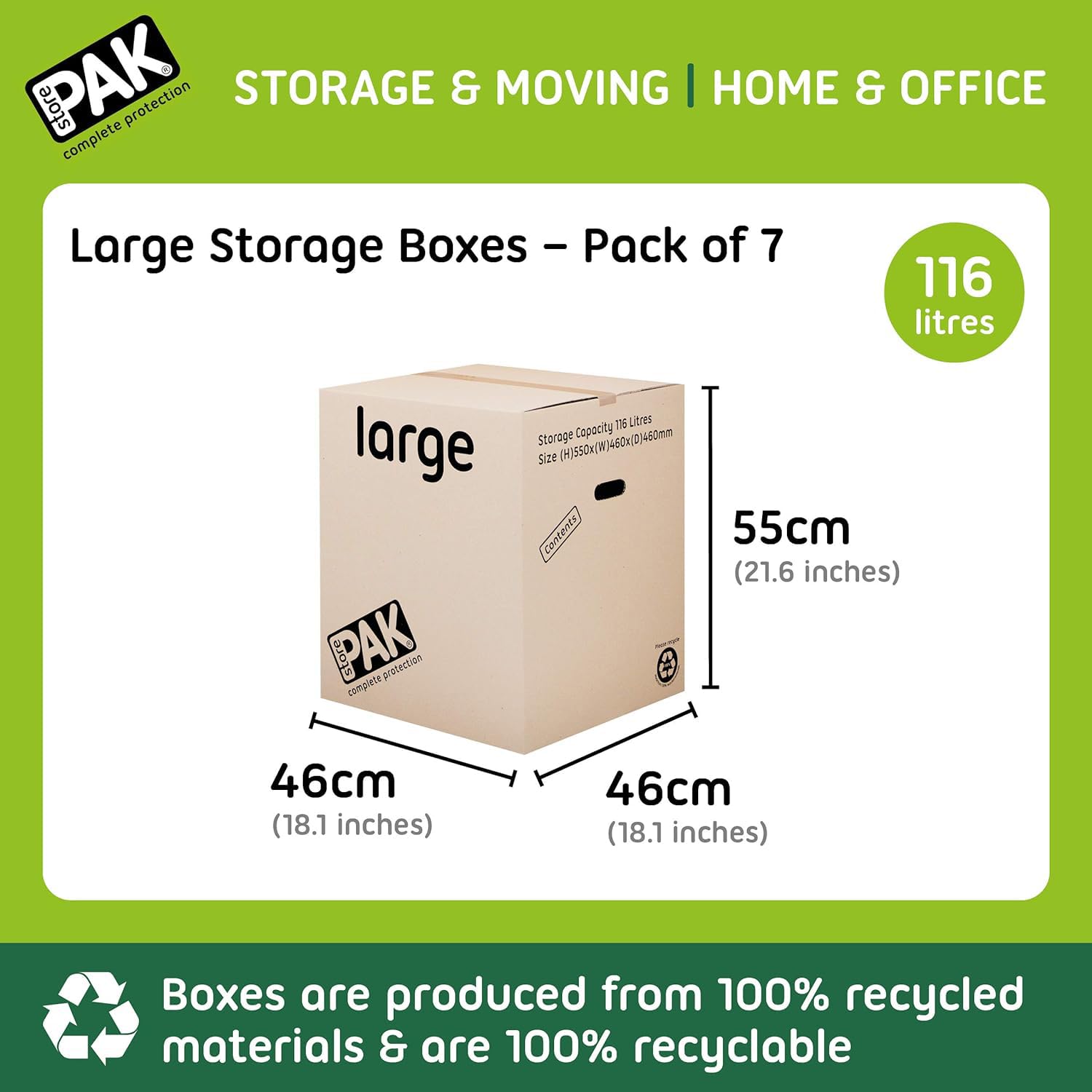 StorePAK Cajas de almacenamiento grandes con asas (7 unidades, 116 litros, 100% reciclables, 55 x 46 x 46 cm), color marrón