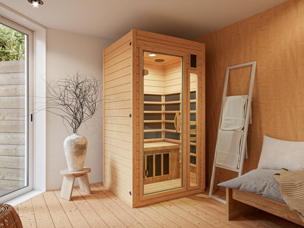 Infrarotkabine 1 Person | Hemlockholz natur | 99x91x184cm | Ganzglastür Klarglas | Mica-Heizung 1,33kW | Fronteinstieg | Wärmekabine für Zuhause | MP3-Halter, Becherhalter & Rückenlehne