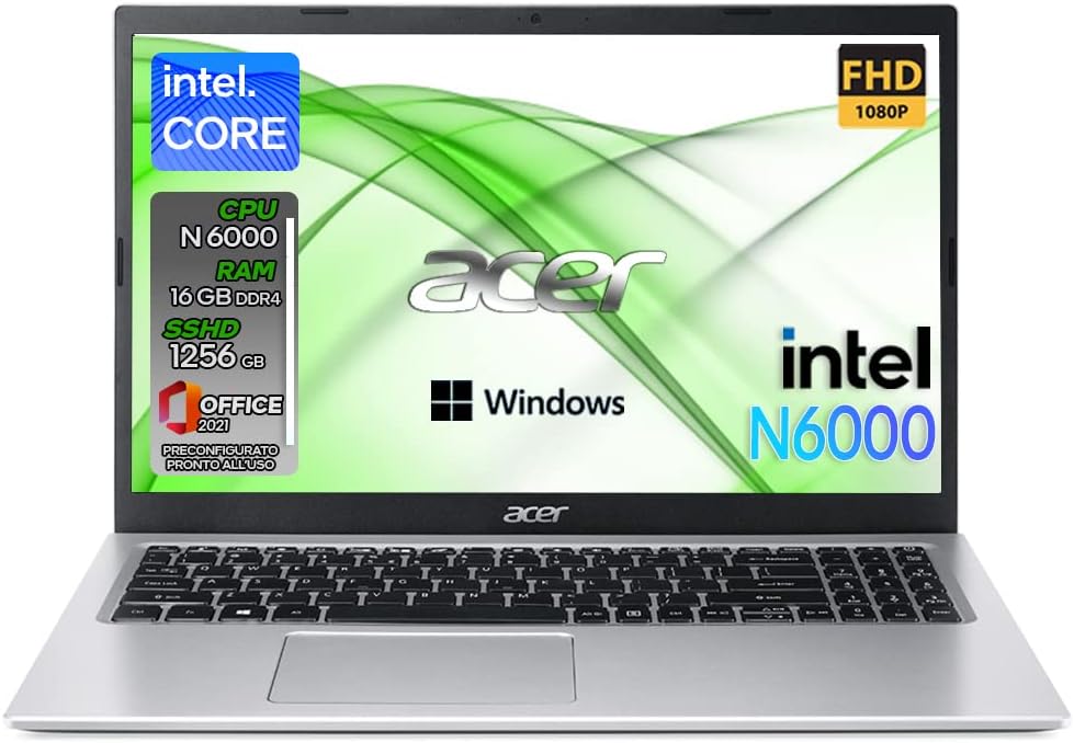 Acer Notebook | Pc portatile intel core N6000 | Ram 16 GB ddr4 | SSHD 1256 GB | Silver | Display 15.6 FHD | BT | WiFi | Windows 11 Pro | Pacchetto Office Pro | Computer portatile Pronto alluso Acer Notebook | Pc portatile intel core N6000 | Ram 16 GB ddr4 | SSHD 1256 GB | Silver | Display 15.6 FHD | BT | WiFi | Windows 11 Pro | Pacchetto Office Pro | Computer portatile Pronto alluso