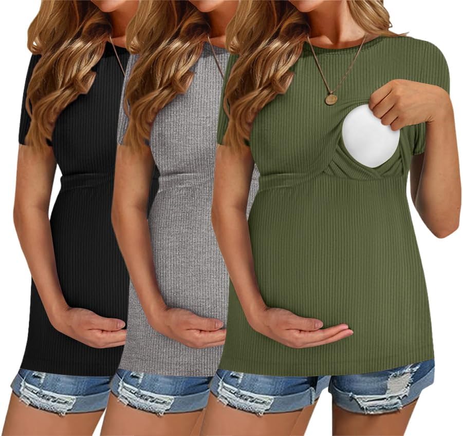 Ekouaer Womens Nursing Tops 3 Pack Short Sleeve Ribbed Breastfeeding Shirts Double Layer Maternity Shirt Pregnancy Clothes