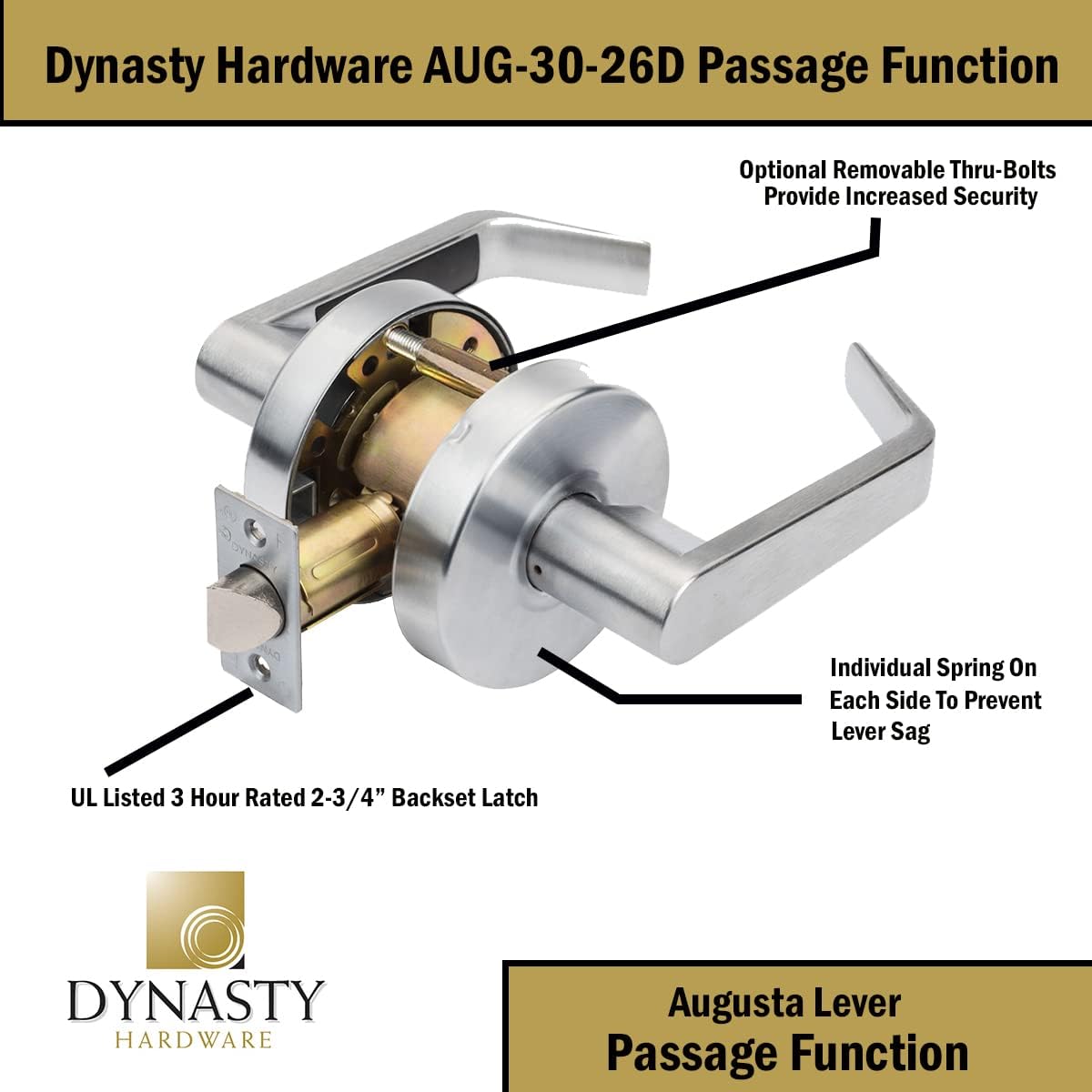 Dynasty Hardware Grade 2 Commercial Duty Passage Lever with Office Door Keyed Lever lockeset, ADA, Stain Chrome Finish