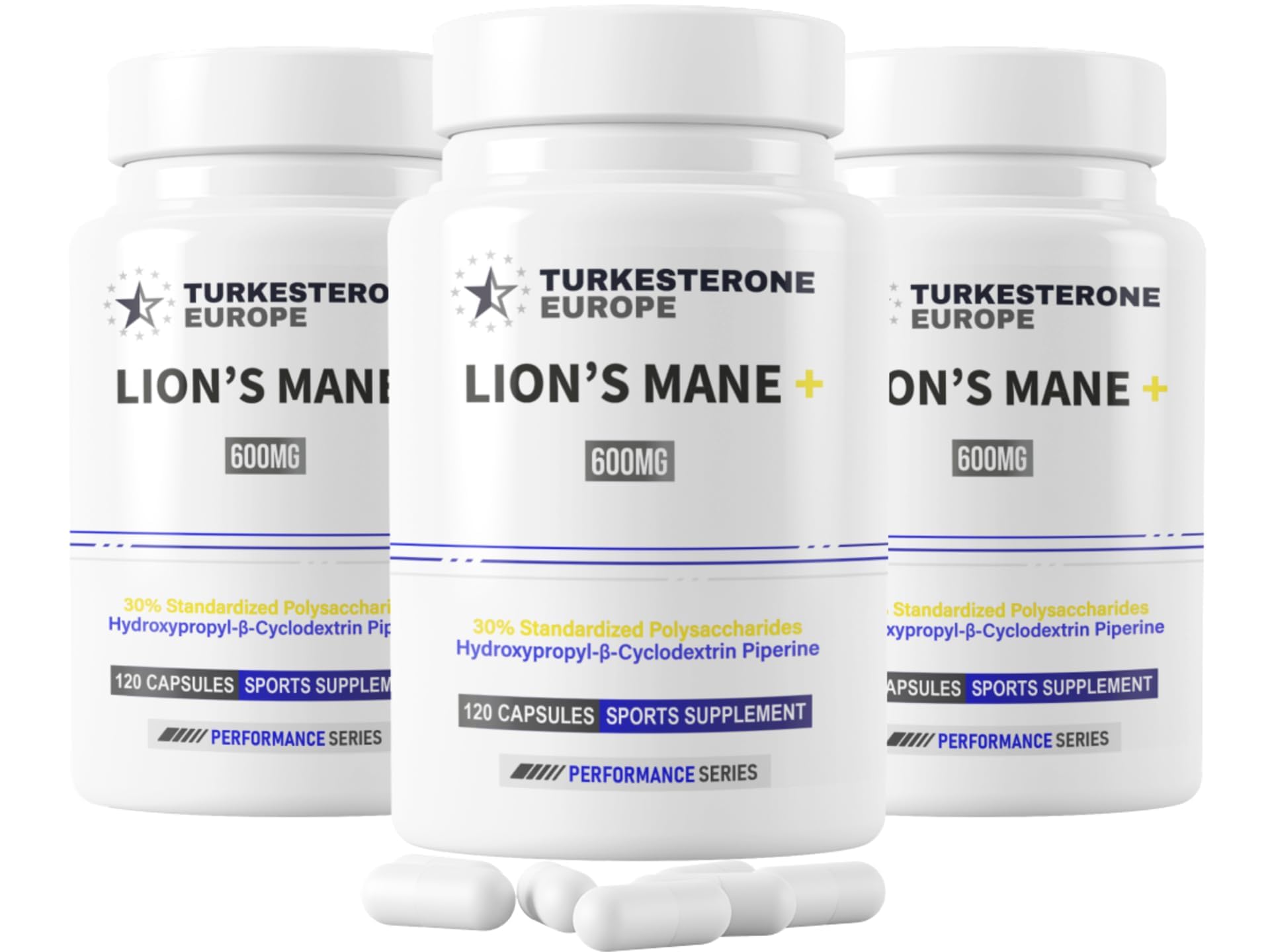 Lot de 3 - Lion's Mane (Héricium) 30% Polysaccharides Complexe avec HydroPerine™ - 120 Gélules (600mg) - Turkesterone Europe®