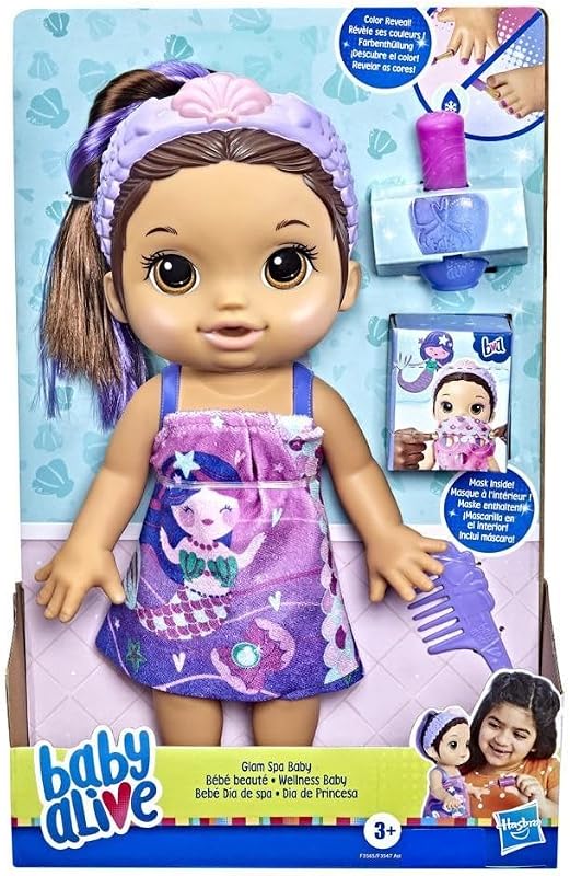 Muñeca bebé Glam Spa, sirena, juguete de maquillaje para niños de 3 años en adelante, manicura y pedicura con revelación de color, muñeca Waterplay de 12,6 pulgadas, cabello castaño