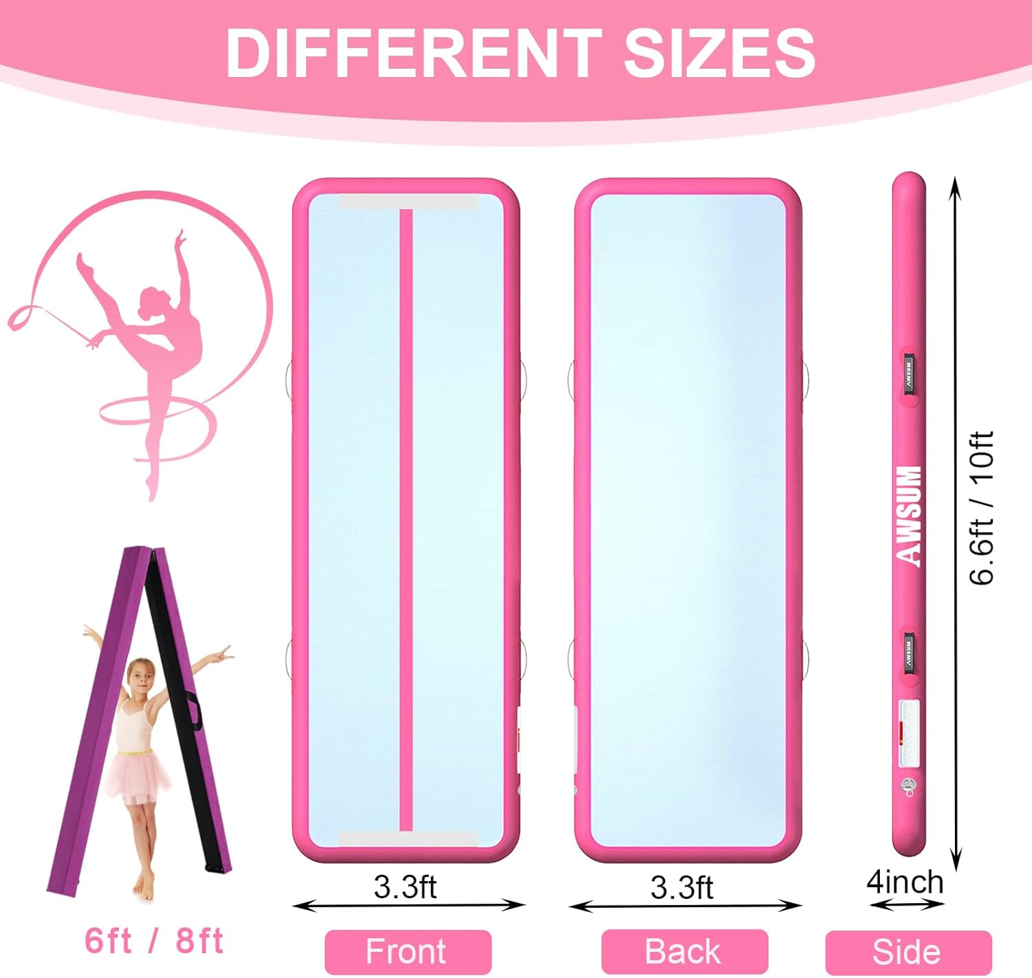 AWSUM 6.6ft/10ft Gymnastics Mat with Balance Beam, 4" Thick Inflatable Tumbling Mat Track & Foldable Anti-Slip Beam, Gym Equipment for Kids, with Electric Pump