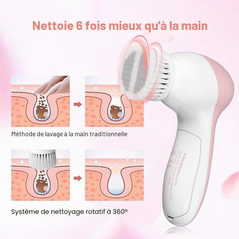TOUCHBeauty Silicone Brosse Nettoyante Visage Électrique Pour Peau Sensible, 3 Têtes Interchangeables Et Étui De Voyage, 2 Vitesses Réglables, Nettoyage Profond Et Exfoliation Douce