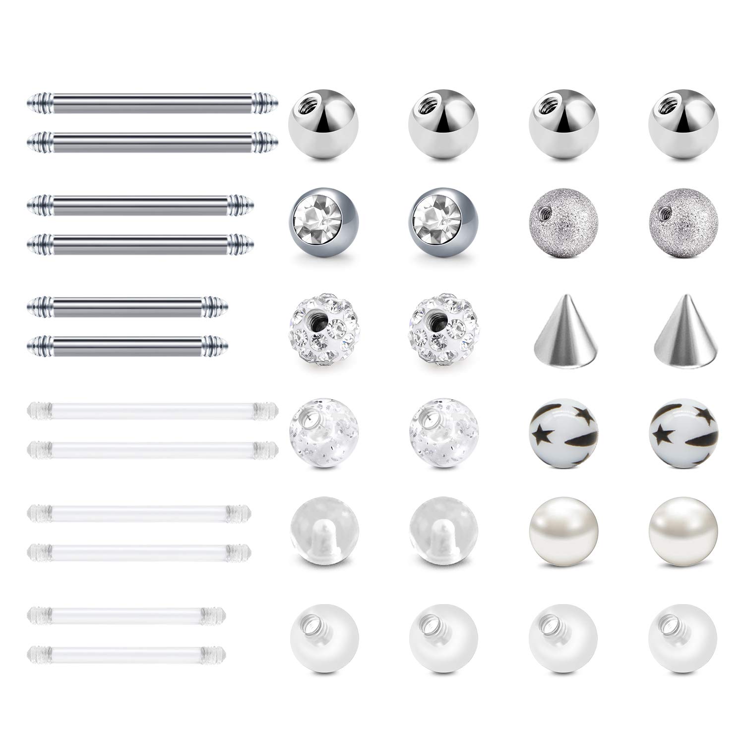 LAURITAMI24pcs Piercing Bolas Reemplazo Acero Quirúrgico & Acrílico 5mm 14G Lengua Ombligo Pezón Industrial Barras Barbell Cuerpo Joyas