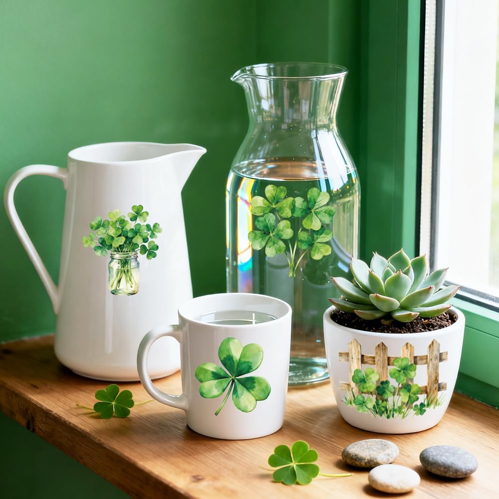 Peacoblue 18 Sheets Rub on Transfers for Crafts, St. Patrick's Day Three Beaf Clover Luck 3.6"x3.9" UV DTF Cup Wraps Waterproof Cold Transfers Stickers for Wood Glass Cup Tumblers Mirrors Mugs Decor