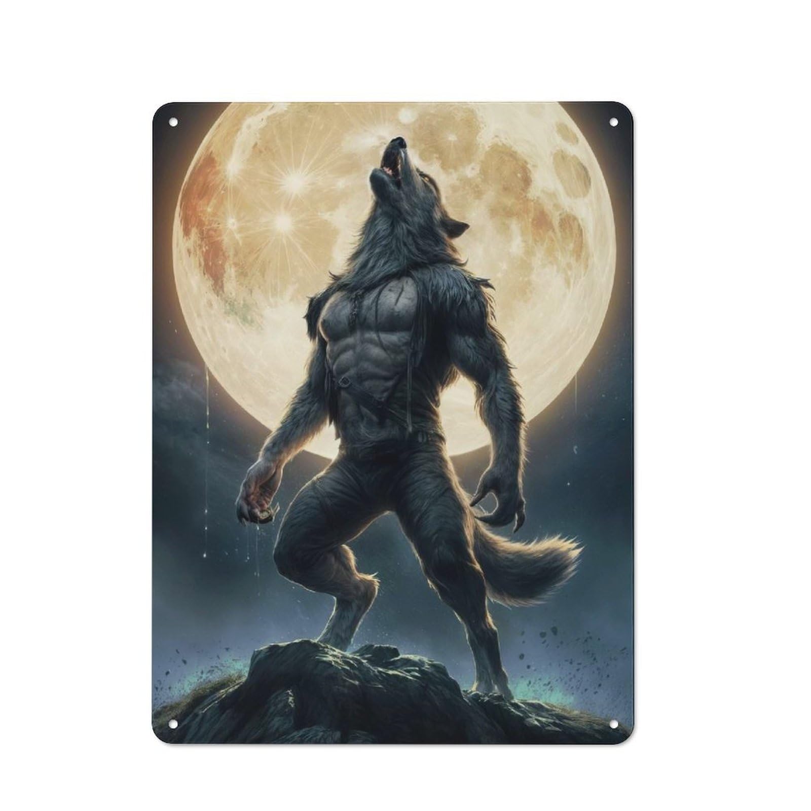 Junmoney Werewolf Howling At The Moon Retro Tin Wall Plaque 40X30cm For Dining Room Or Kitchen, For Home Decor Collectors