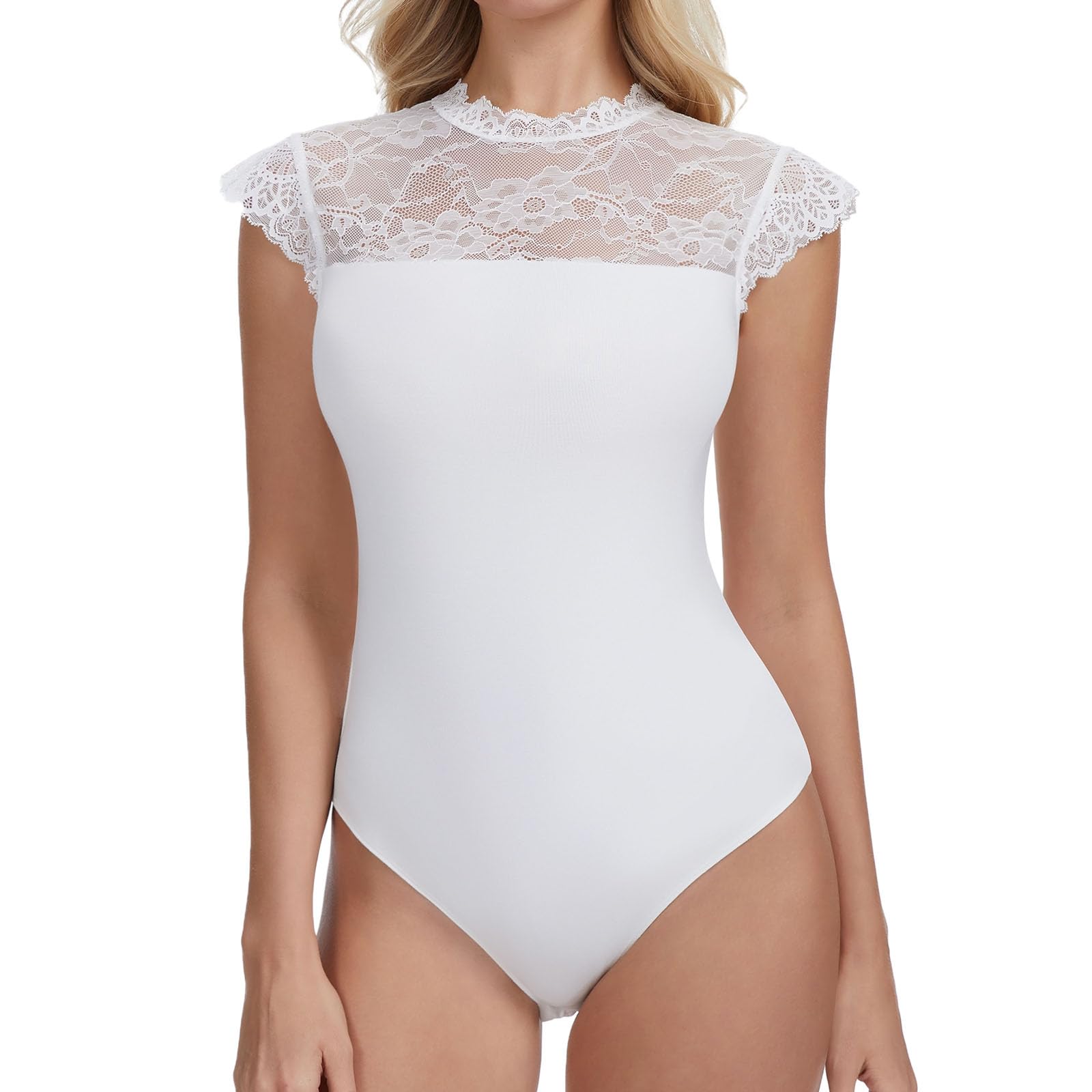 Joyshaper Body da donna in pizzo elegante con scollo alto, con volant e maniche corte