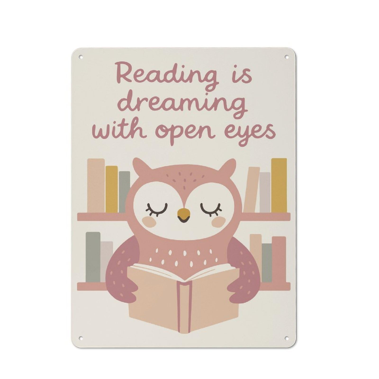 Rustic Tin Sign with Reading Owl Illustration Design 40x30cm, Casual Garden Room Wall Plaque for Shed, Garden Room, Porch Or Garage