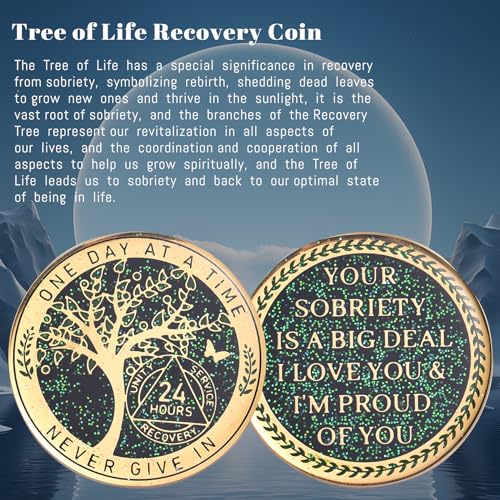Image of LParkin 24 Hours Sobriety Chip, Tree of Life Recovery Coin, AA Recovery Medallion, Anniversary Token Sobriety Gifts, Alcoholics Anonymous Medallion