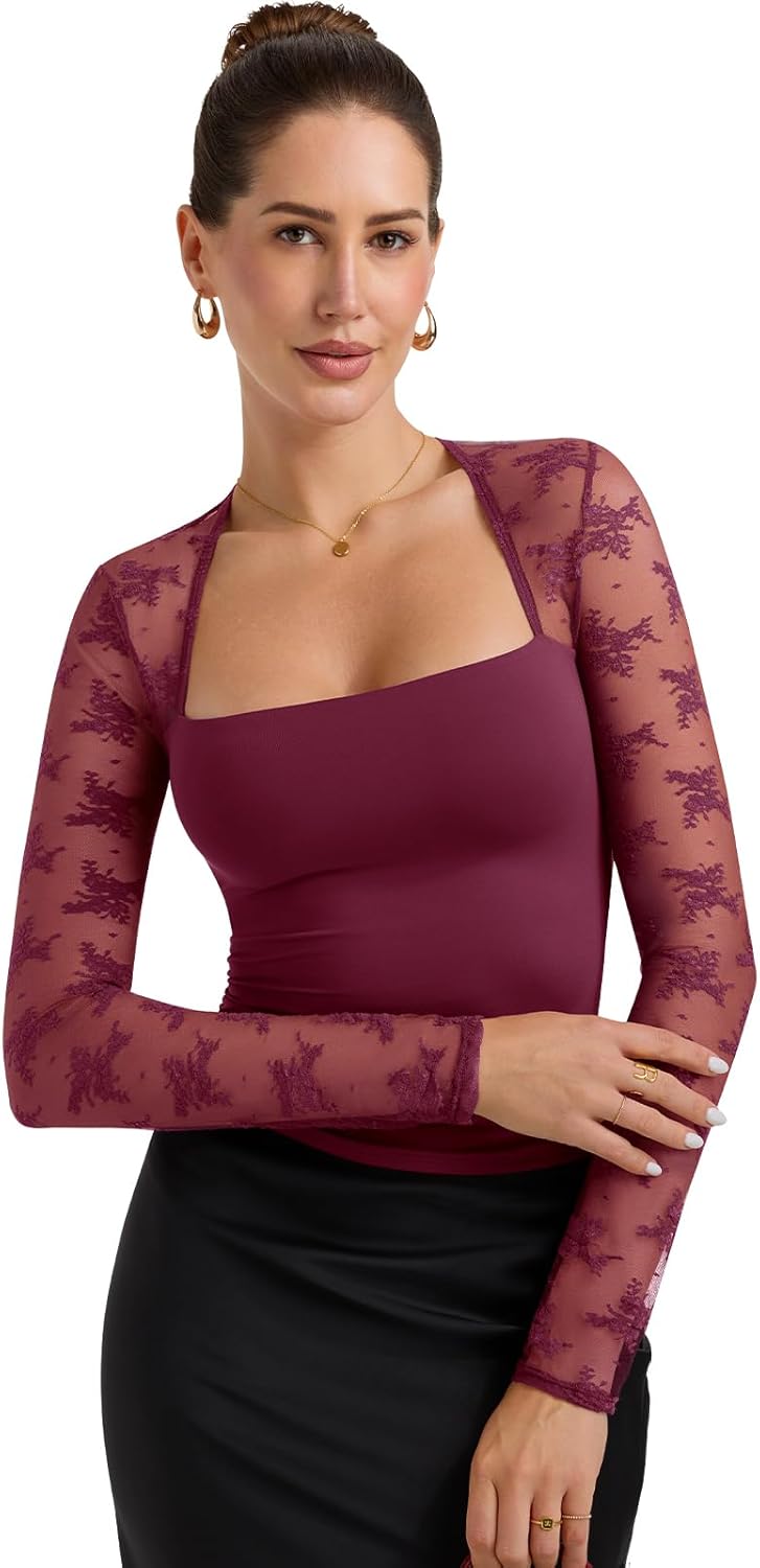 PINKMSTYLE Women Sexy Square Neck Lace Long Sleeve Tops Slim Fit Double Lined Trendy Y2K Going Out Fall Shirts - Image 3