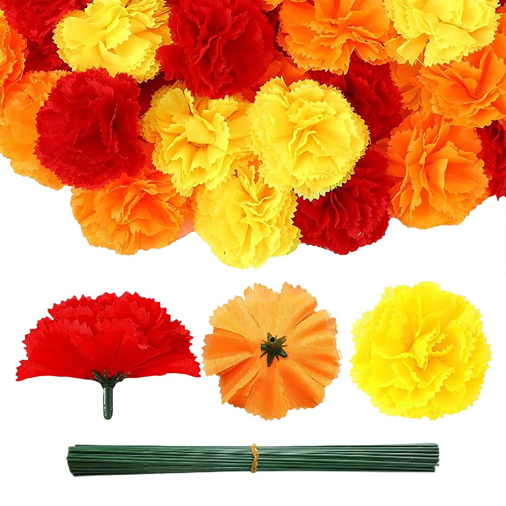 JIHUOO 60 Pcs 6cm Artificial Marigold Flower Heads Day of The Dead Flowers Faux Mexican Flowers Fake Diwali Flowers Halloween Decorations Flowers Indian Decor Flowers with Stems