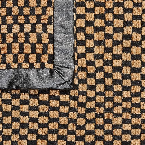 Tappeto In Iuta E Pelle Rettangolare Con Motivo A Scacchi Intrecciato A Mano Nero E Beige 80 X 150 Cm Stile Rustico - 5