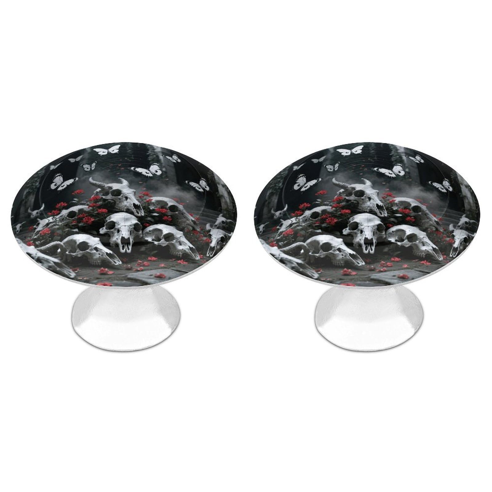 Maccbn Style-2 2 Pack 1.1" Round Skulls Butterfly Drawer Knob Stainless Steel Kitchen Cabinet Knob Pulls With Screws Hardware Decorative Handles Knobs For Dresser Cupboard Closet Door Wardrobe Easy Install