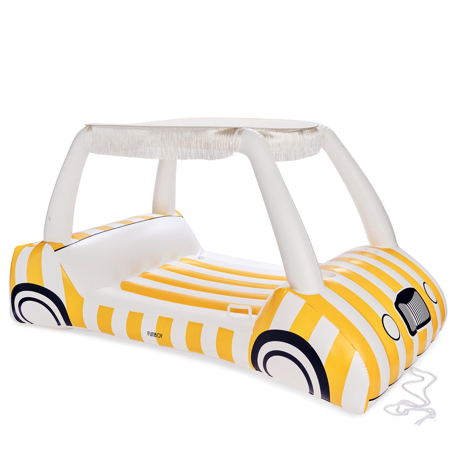 FUNBOY Yellow & White Cabana Striped Golf Cart Pool Float 90" Long, Two Cup Holders, Removable Fringe Shade, Float for Summer Pool Party and Entertainment