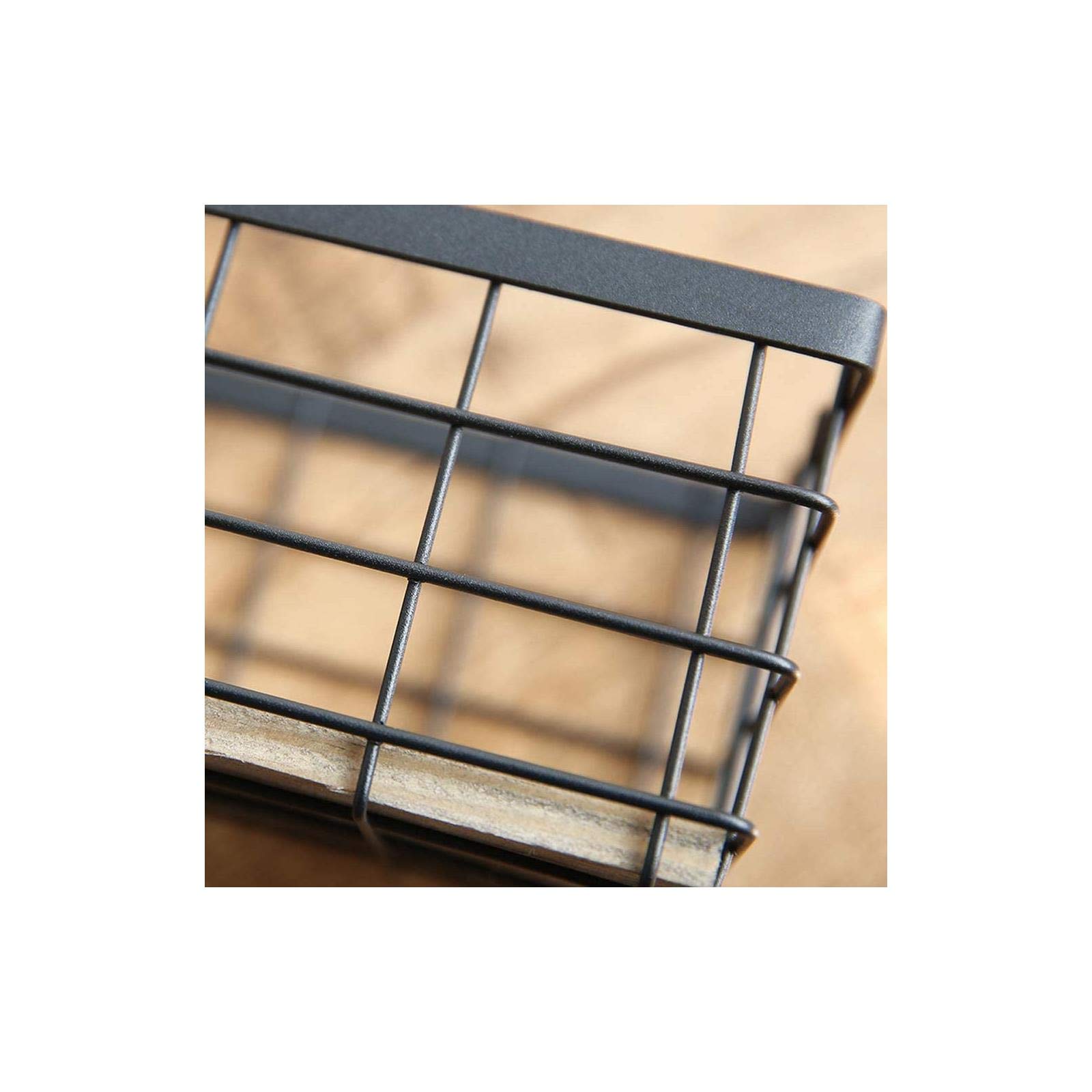 Panier Rangement Métal Grillage Noir - Corbeille Fruits Pain Cuisine - 25,5x9,5x8,5 Cm Avec Plateau Bois Amovible