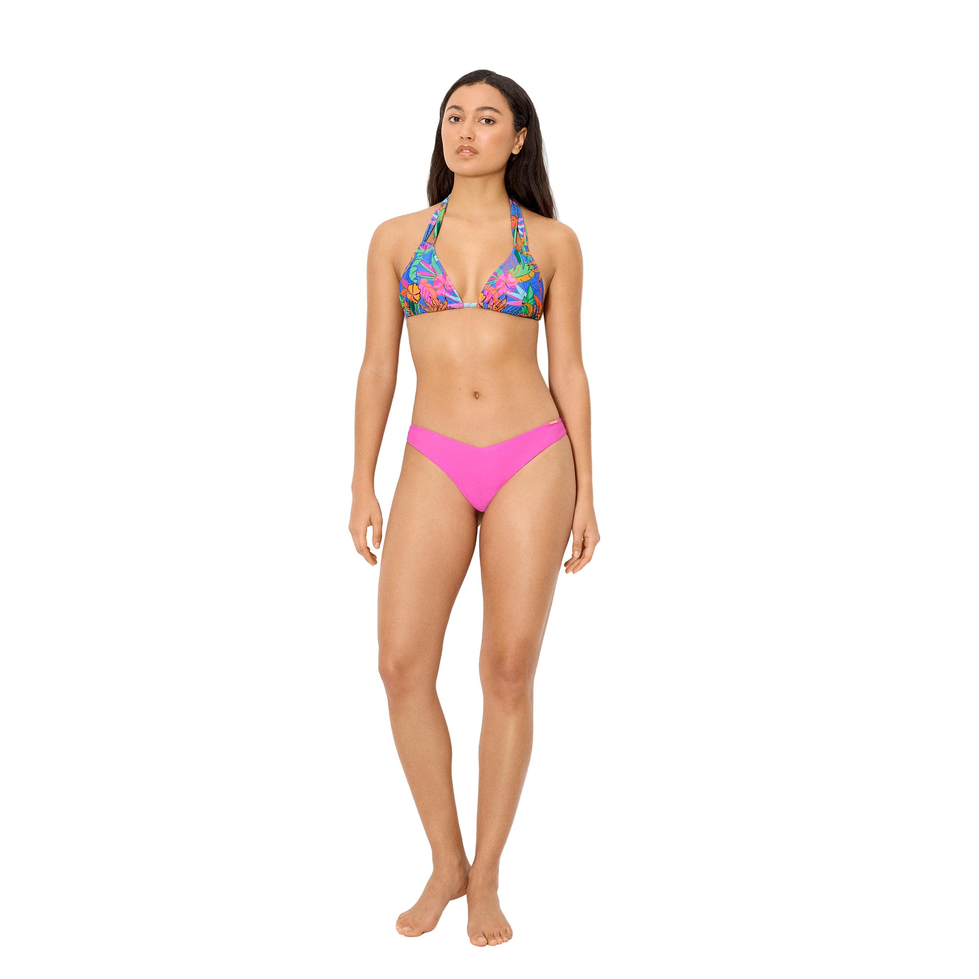 YSABEL MORA. Top Bikini Triángulo Estampado Tropical Copa B. Sin Aro con Relleno Extraíble Anudado Al Cuello Y A La Espalda Adaptable A Distintas Tallas Y Copas .Colección Palms.