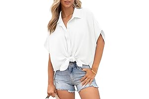 Womens Summer V Neck Button Down Shirts-Comfy Loose White Button Down for Women