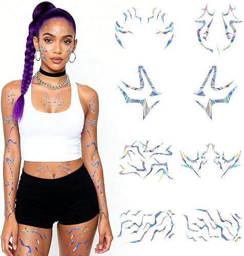 8 Sheets Rumia Kpop Girl Group Temporary Tattoos, Full Body Set, Laser Holographic Stickers, Waterproof
