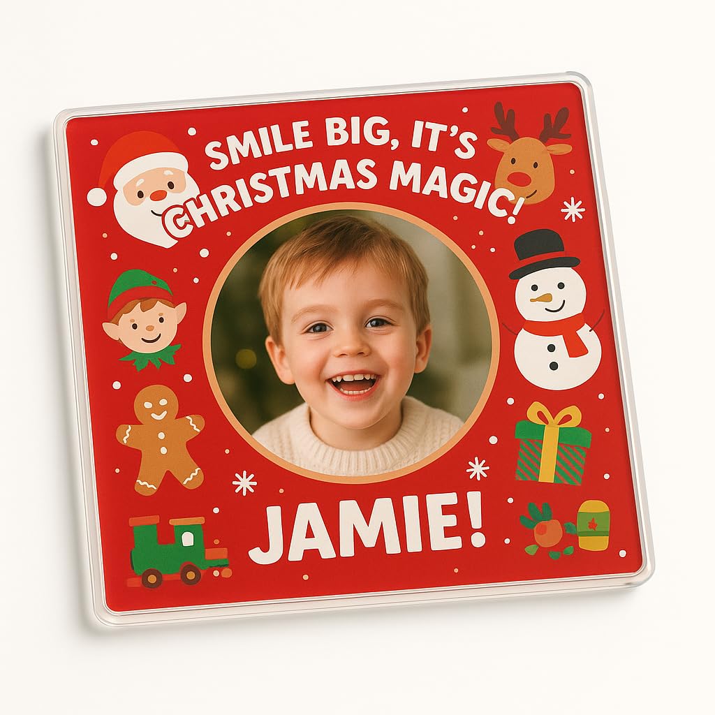 The Plum Penguin Festive Snap Joy Personalised Acrylic Coaster Gift With Design - Personalised Christmas Photo Keepsake For Kids' Holiday Delight