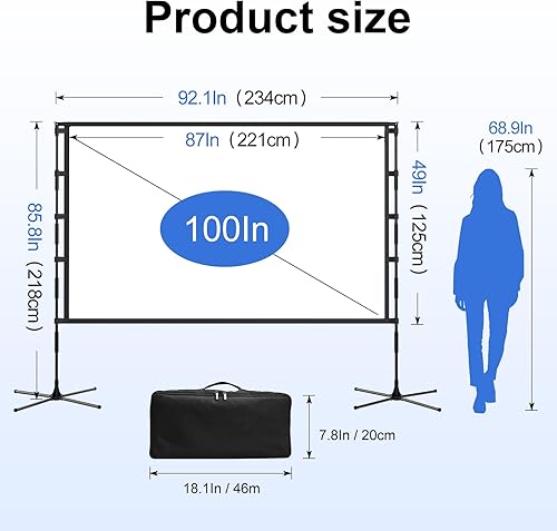 Miniatura 7 de Pantalla y soporte de proyector para exteriores, portátil de 100 pulgadas, pantalla de proyección de interior sin arrugas, plegable, respaldo negro,