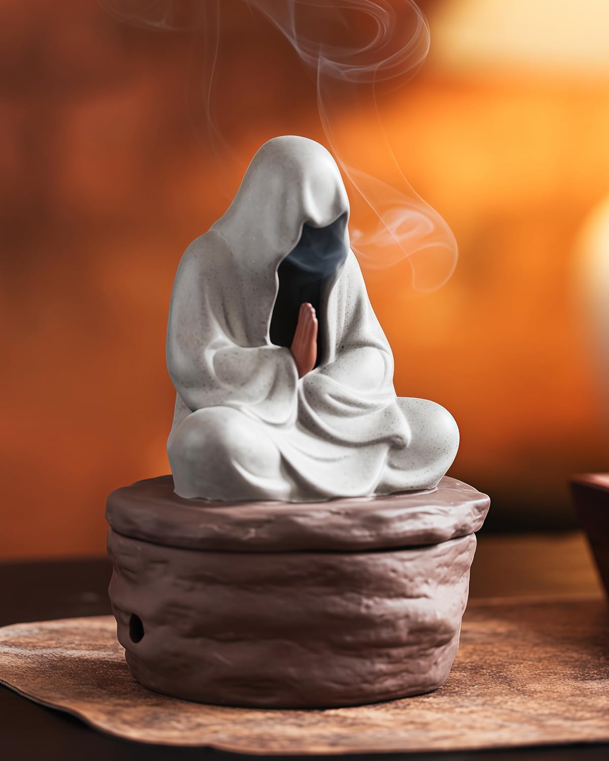 Ceramic Incense Burner for Cone & Coil – Faceless Buddha Statue for Protection, Evil Spirit Cleansing & Zen Meditation, Home Decor to Ward Off Negativity
