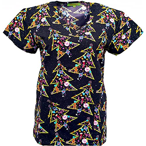 Green Town Holiday Printed Christmas Scrubs, Halloween Printed Uniform Tops (Dark Blue Christmas Tree Ornaments (with Glitter), 2X-Large), XX-Large