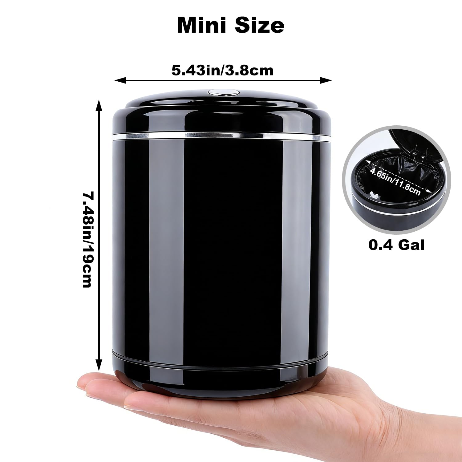 Mini Trash Can for Desk with 5 Rolls of Trash Bags, Small Press-Top Full Lid Design Countertop Garbage Bin, Removable Plastic Waste Basket for Bedroom,Kitchen,Office,Garage, Camping(Black)
