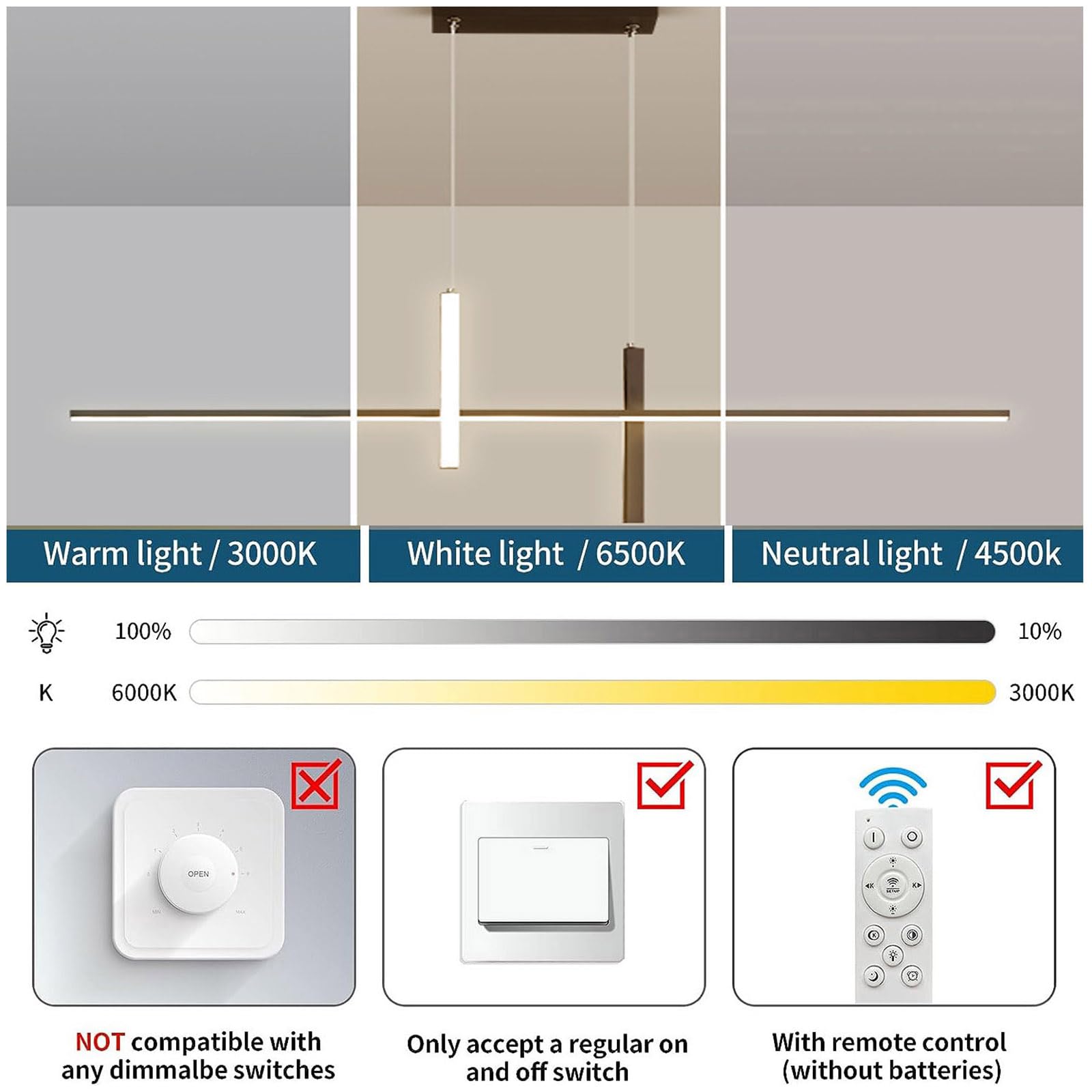 Lámpara colgante LED lineal para Isla de cocina, Moderna, regulable con Mando a distancia, lámpara de techo de altura Ajustable, accesorio para comedor, dormitorio y Sala de estar