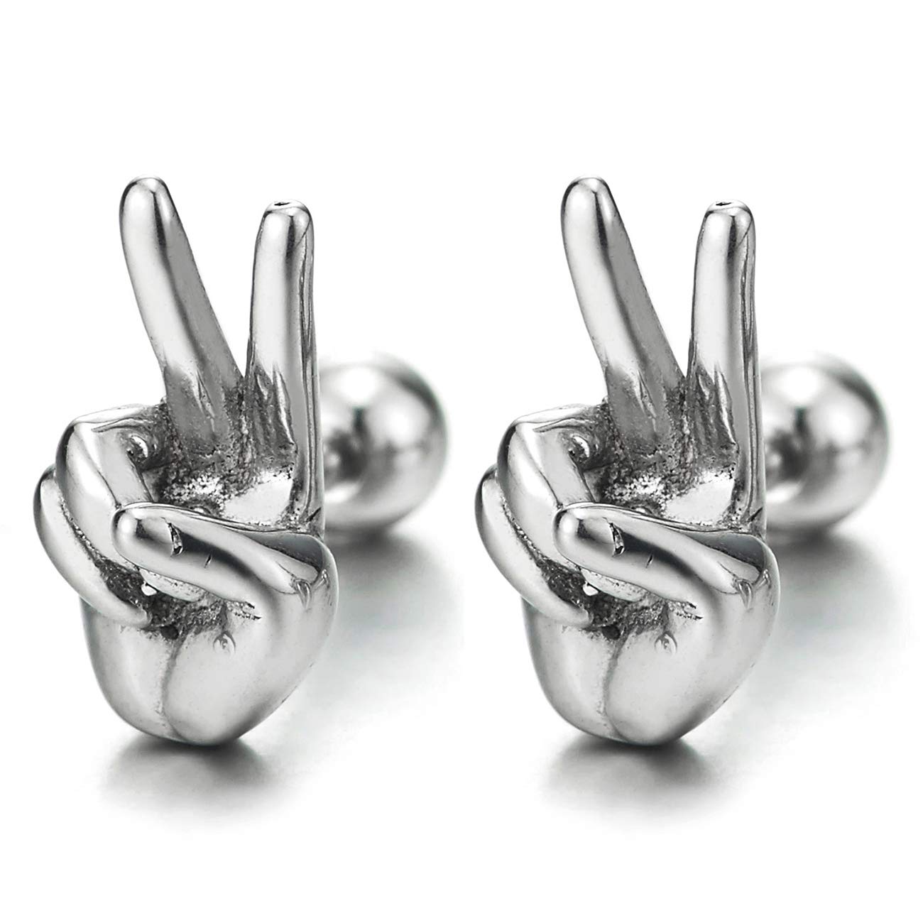 COOLSTEELANDBEYONDMens Womens Stainless Steel Yeah Victory Peace Sign V Hand Gesture Stud Earrings, Screw Back, 2PCS