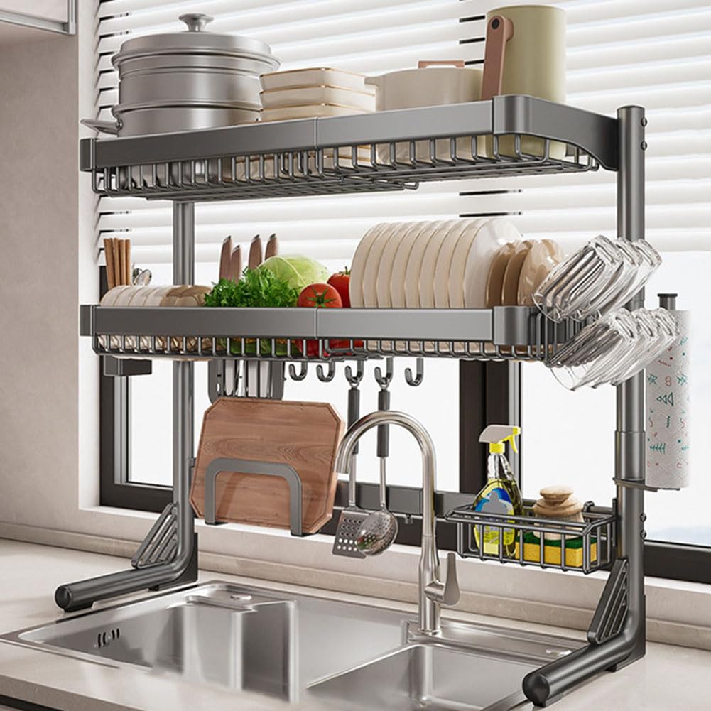 Geschirr Abtropfgestell Über Spüle Rostfreie Abtropfgitter Einstellbar 21-33in Abtropfschale Küchen Organizer mit Utensilienhalter, Schneidebretthalter, Messerblock
