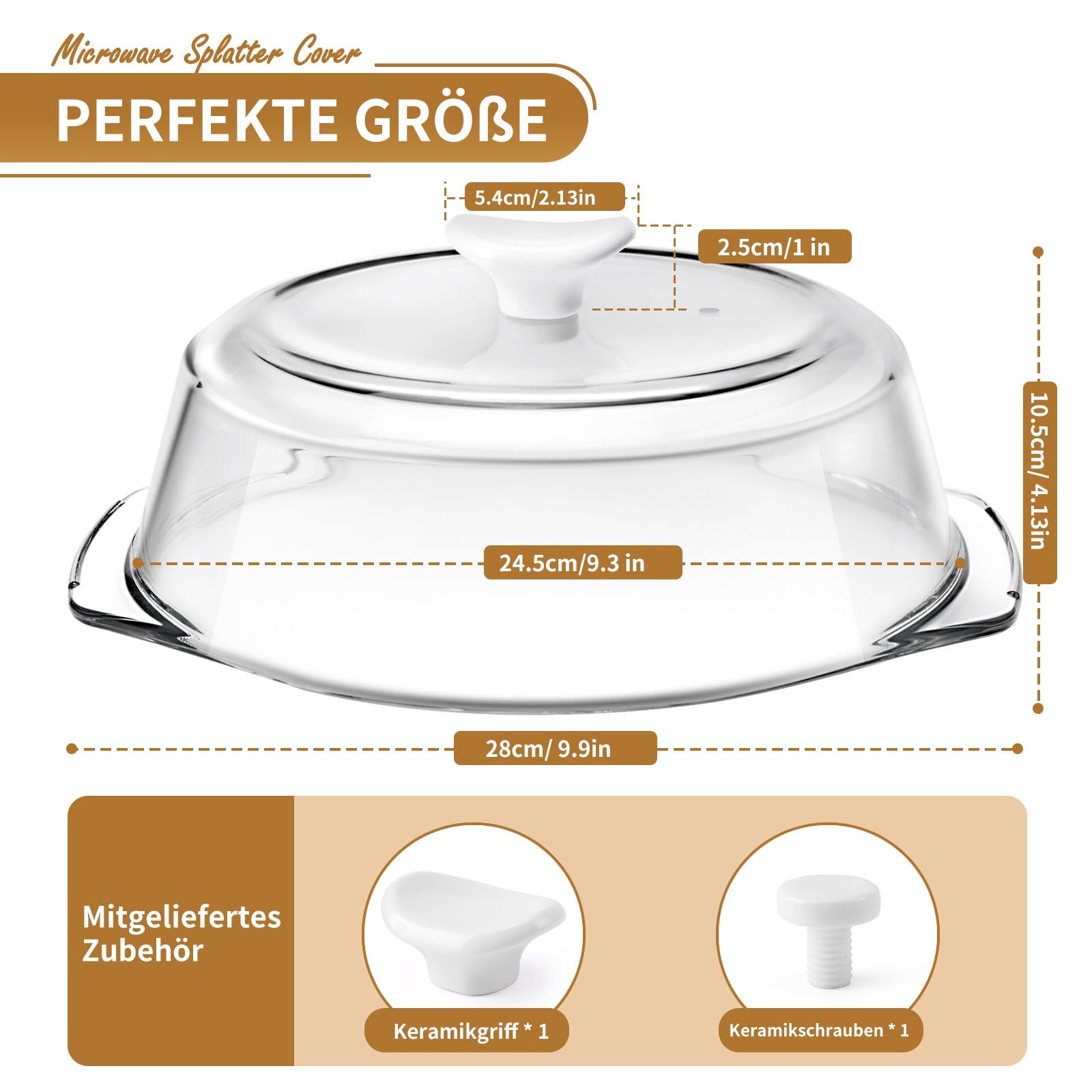 ACEPRUT Glas Mikrowellen Abdeckung mit Keramikgriff und Keramikschrauben, Kunststofffrei, BPA-frei, Lebensmittelechte Microwellenabdeckungen, Spülmaschinenfest