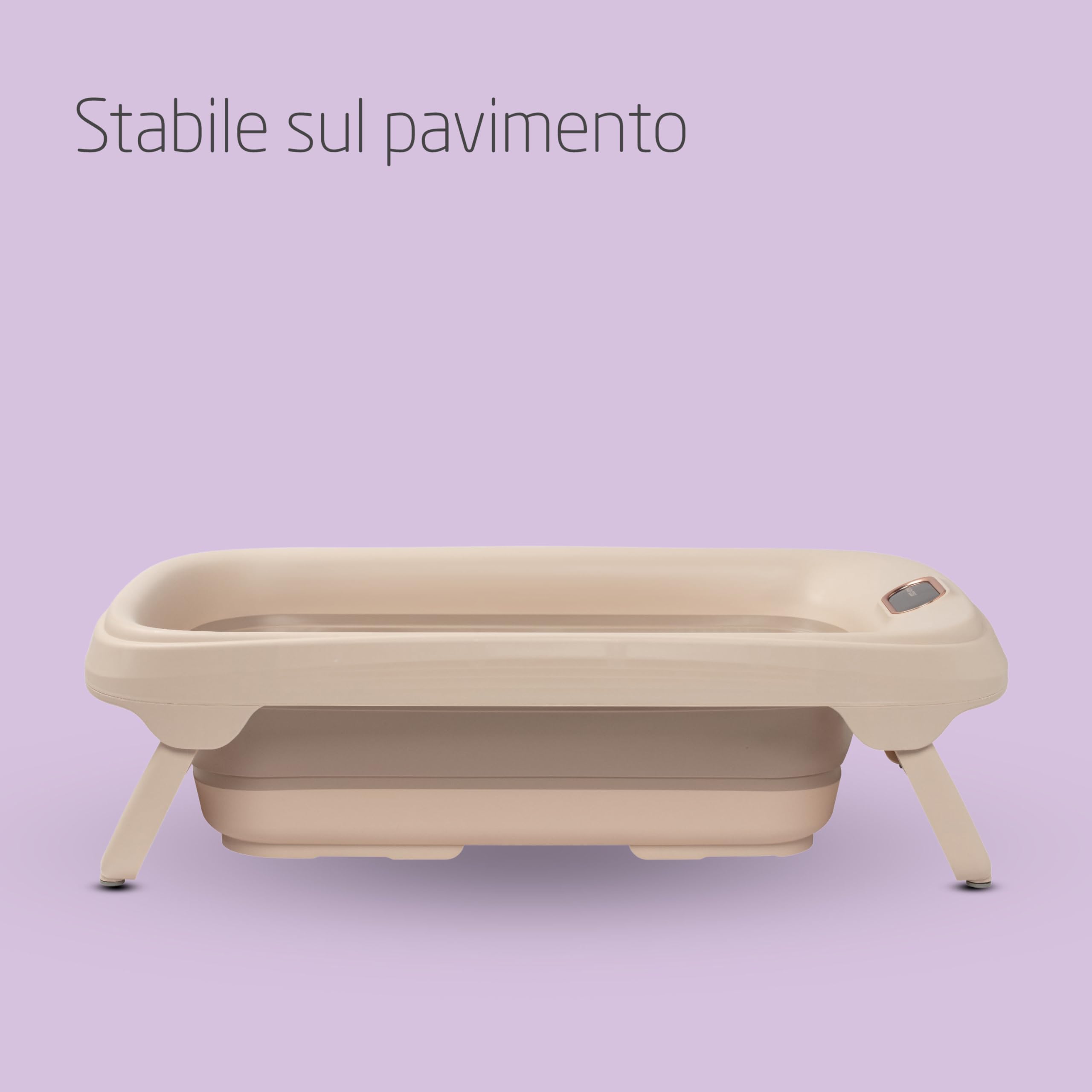 Maxi-Cosi Indigo Vaschetta Bagnetto Neonato Pieghevole, Bagnetto Bambini 0-4 Anni, Termometro HighSense Integrato, Anti-scivolo, Vaschetta Bagnetto Neonato da Viaggio, Chiusura Compatta, Muted Terra