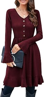 ULTRANICE Knitted Dress Women's Autumn Dress Winter Dress V Neck Jumper Dress with Decorative Button Autumn Winter Dresses