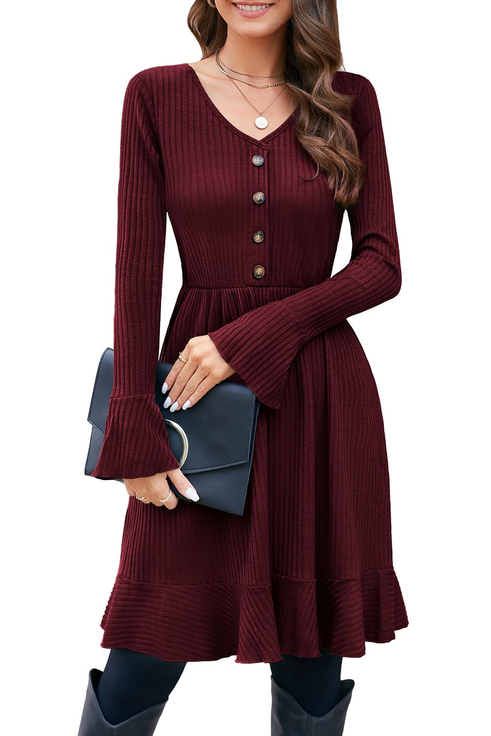 ULTRANICE Robe en Maille pour Femme Col en V avec Boutons Décoratifs pour L'automne et l'hiver