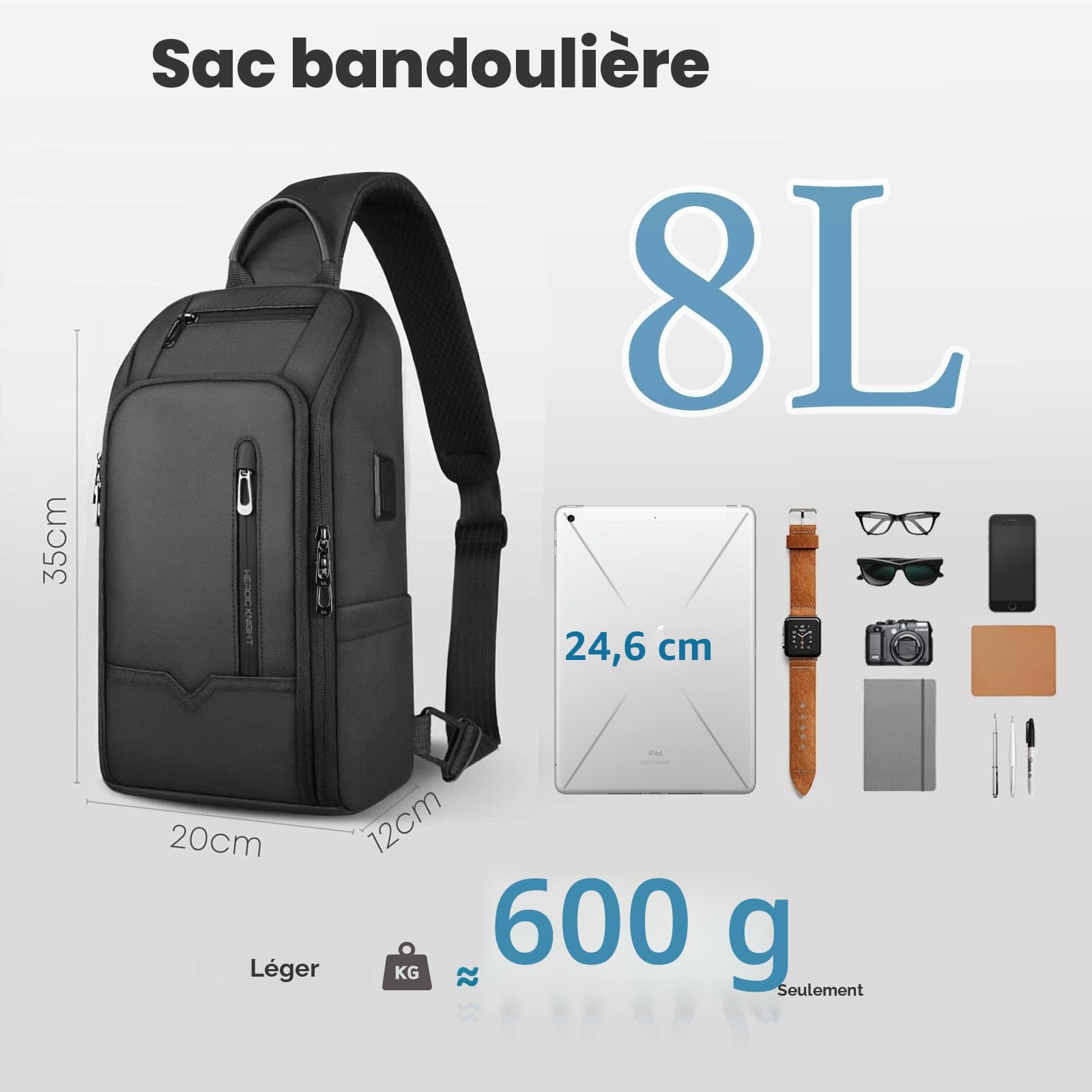 Sac Bandoulière pour Homme avec Port de Chargement USB, Antivol et étanche, Sac de Poitrine, Sac à dos à Bandoulière avec Multiples poches pour Voyages travail et Quotidien – Noir