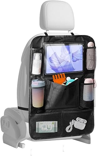 Organizador de asiento trasero de automóvil, alfombrillas de tela Oxford con 9 bolsillos y soporte transparente para tableta, accesorio de