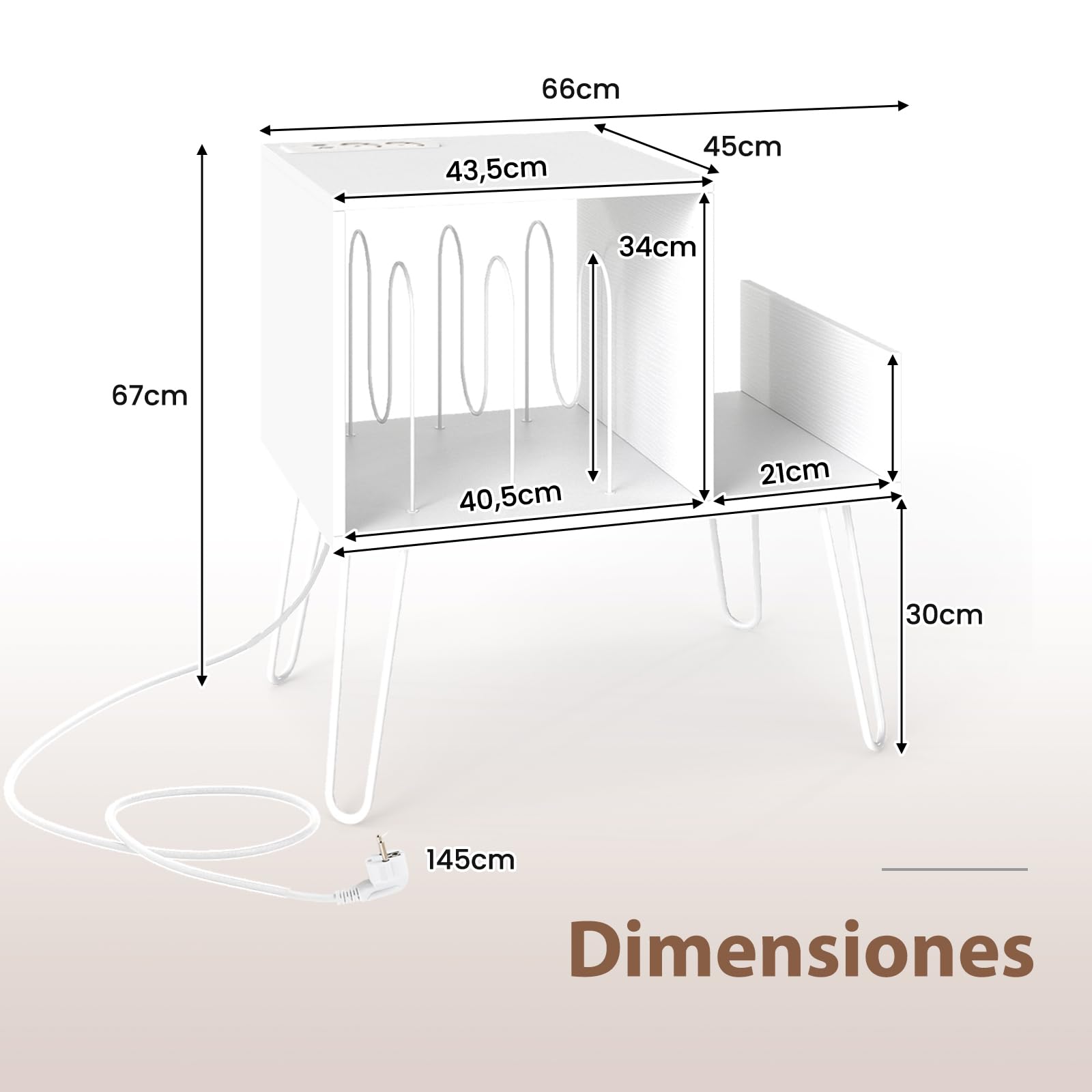 COSTWAY Mueble Tocadiscos con Estación de Carga, Soporte Tocadiscos con Divisor de Vinilos, Estante de Exhibición y Patas de Metal, Mesa Auxiliar de Discos hasta 145 Álbumes, 66x45x67 cm (Blanco)