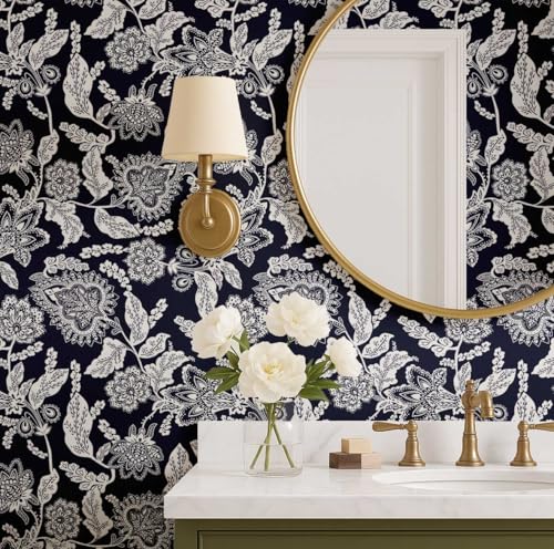 Papel pintado botánico de vinilo resistente estilo rústico azul 4