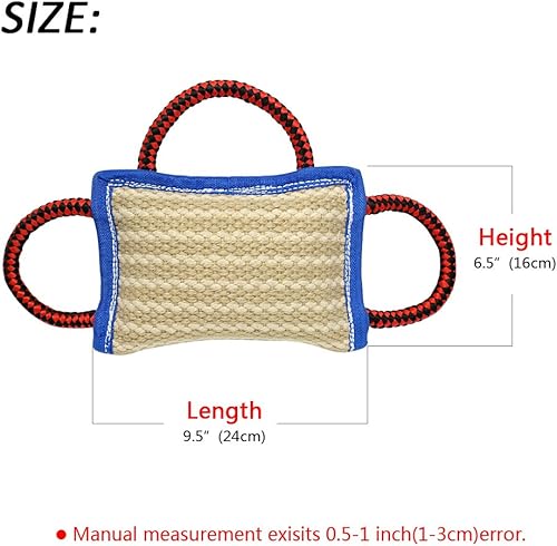 Miniatura 4 de PET ARTIST Almohada de yute resistente para perros de 9.5 x 6.5 pulgadas, con 3 asas, remolcador de yute duradero para entrenamiento de cachorros,